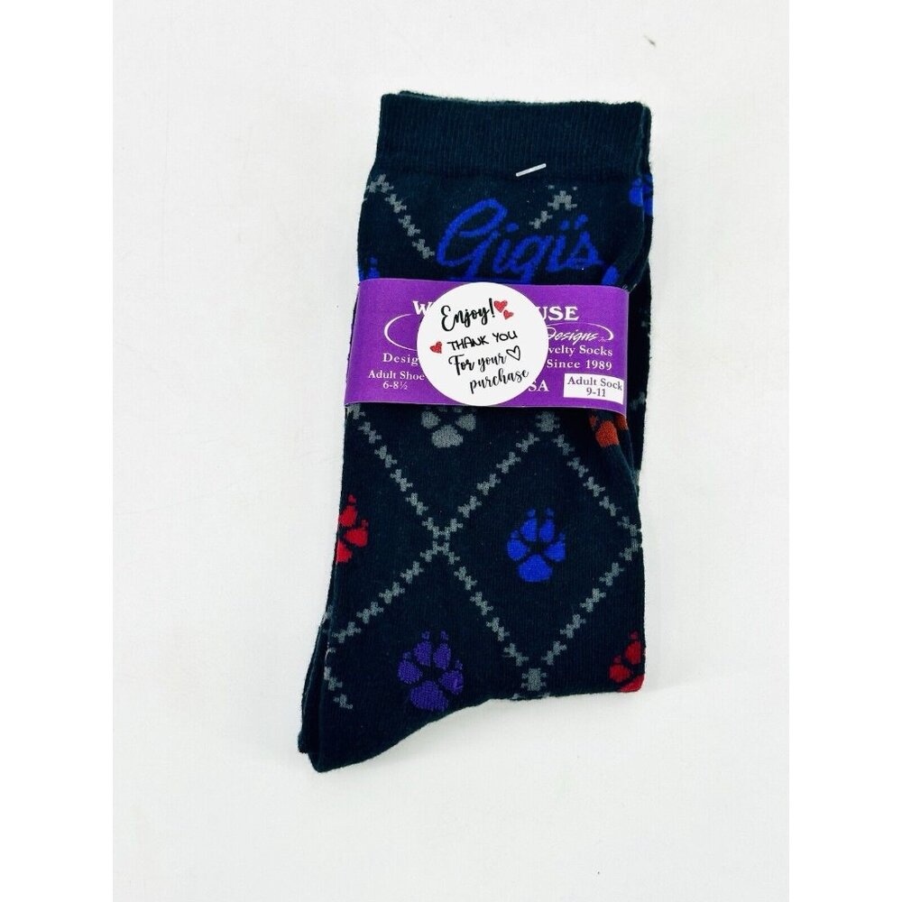 Wheel House Designs Puppy Dog Paw Prints Socks Womens One Size 9-11 Black NEW